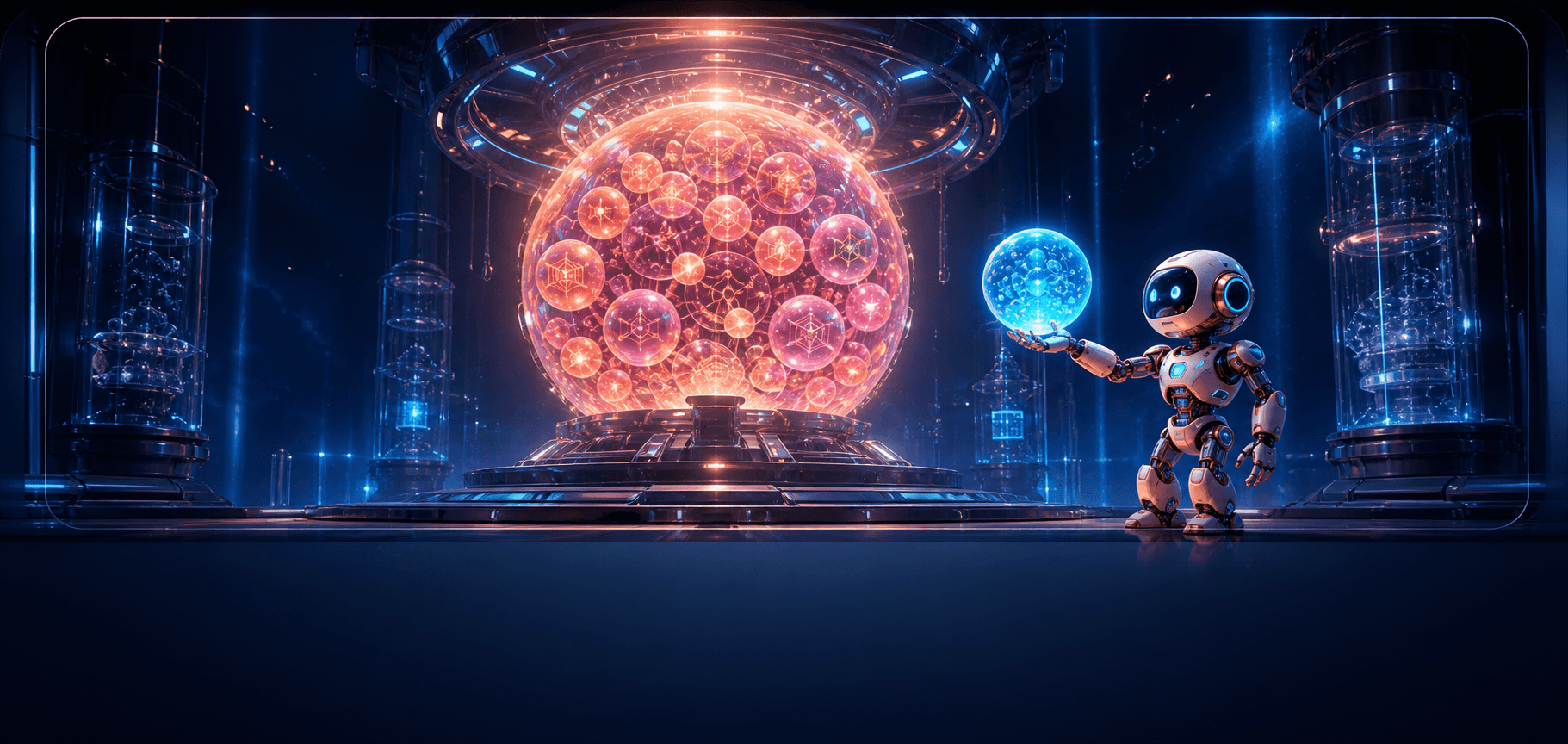 A glowing technology reactor with a friendly robot presenting an energy sphere.