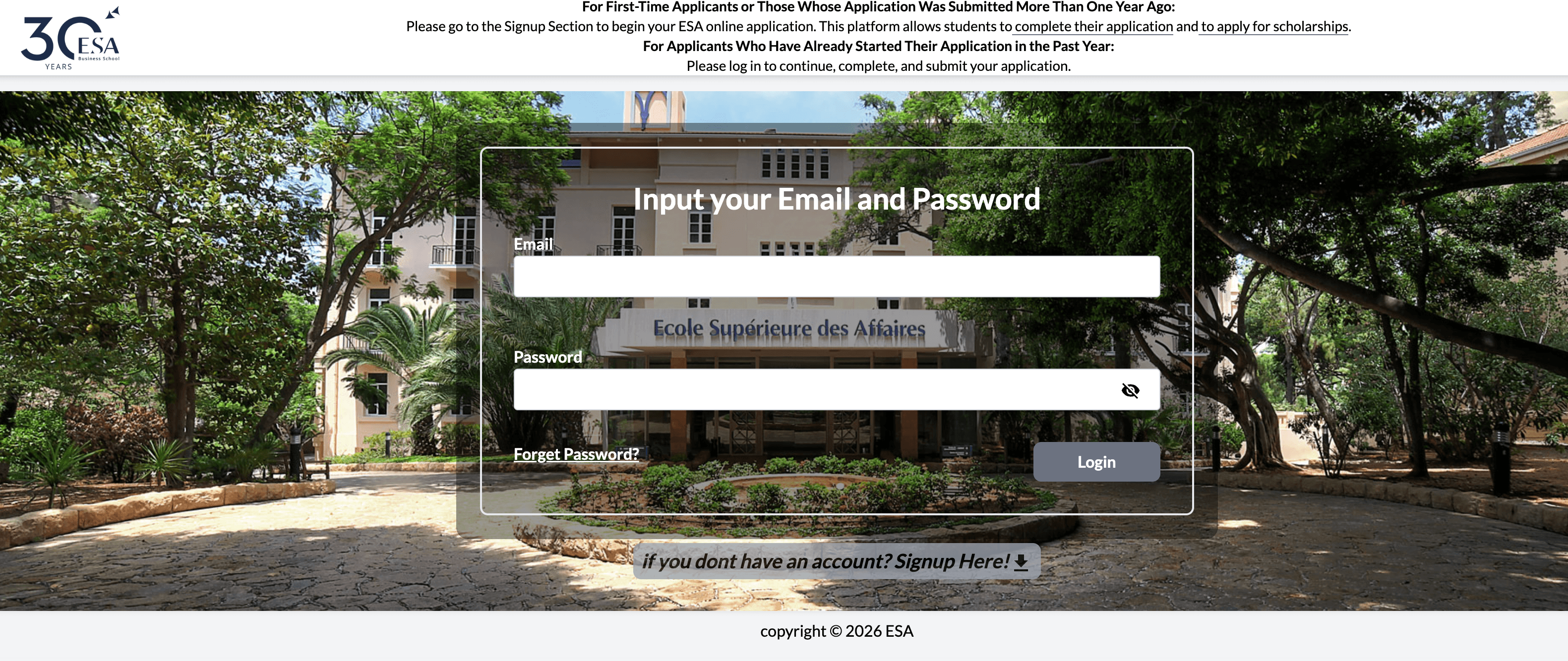 Student Registration Platform — ESA screenshot